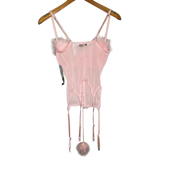 pink mesh corset with marabou feather trim - Picture 3 of 6